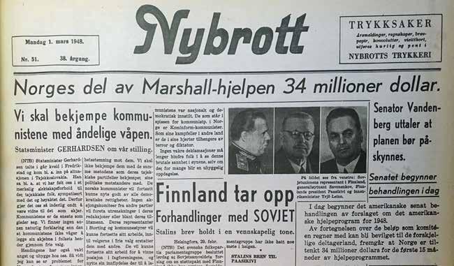 Marshallhjelpen var viktig for gjenoppbyggingen av Norge. Samtidig bidro hjelpeordningen til at konflikten mellom øst og vest økte. Faksimile fra Nybrott 1. mars 1948.