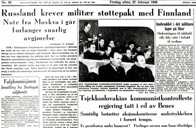 Sovjetunionen krevde «vennskapsavtale» med Finland samtidig som de sto bak kommunist-kupp i Tsjekkoslovakia. Faksimile fra Aftenposten 27. februar 1948. til å forsvare seg, dersom det ble nødvendig.