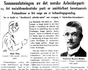 Norges Socialdemokratiske Arbeiderparti (NSA) ble etablert etter at Arbeiderpartiet meldte seg inn i Komintern. I 1927 slo partiene seg sammen igjen. Faksimile fra Aftenposten 20. november 1926.