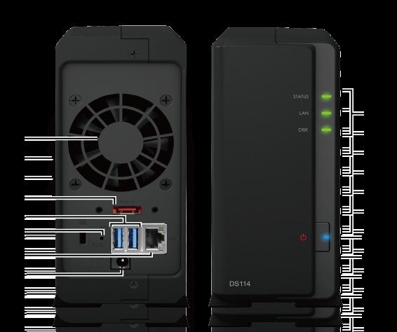 Synology DiskStation - overblikk Nr. Navn Plassering Beskrivelse 1) LED-indikatorer Frontpanel LED-indikatoren brukes til å vise status til den interne disken og systemet.