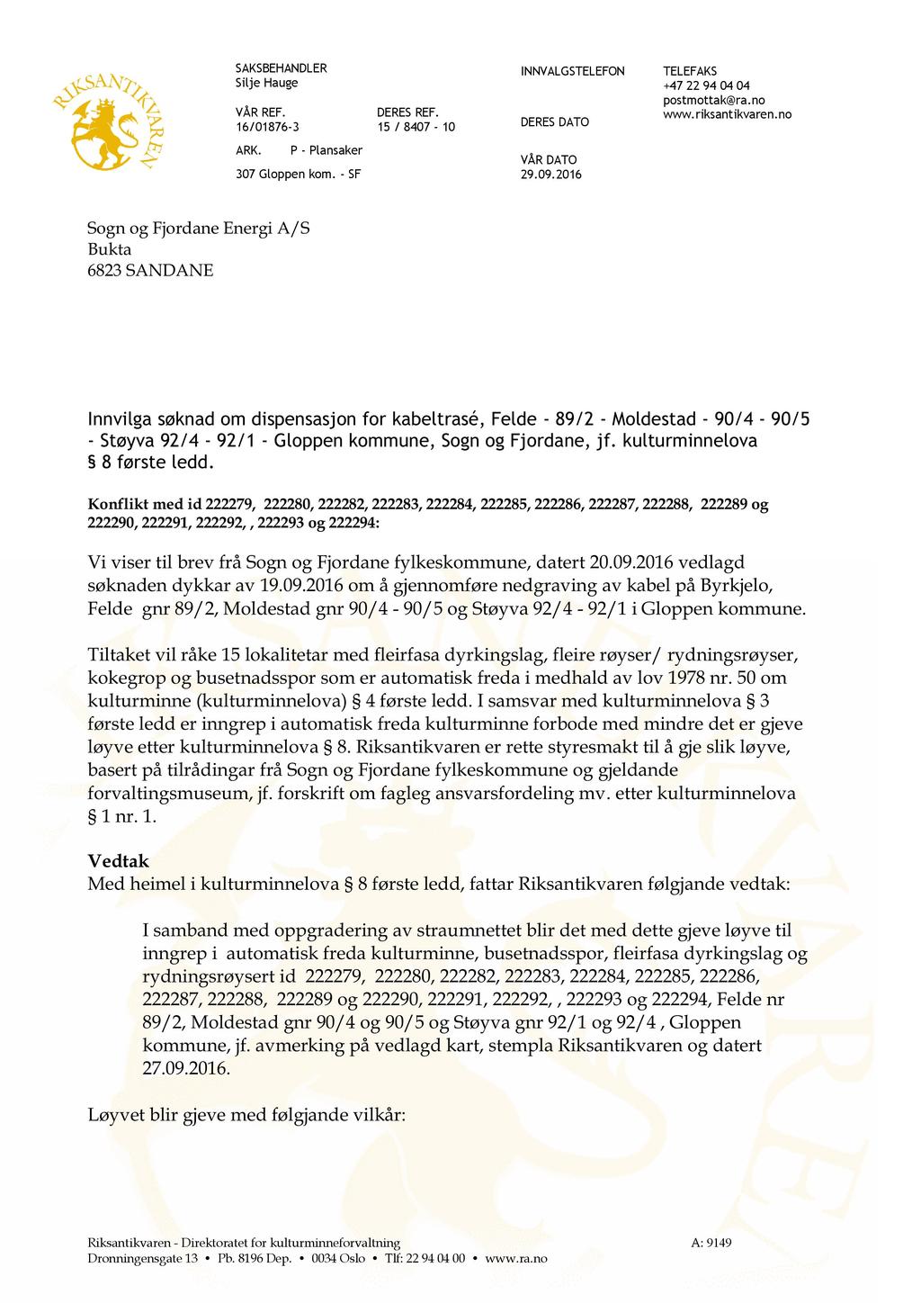 SAKSBEHANDLER Silje Hauge VÅR REF. 16/01876-3 DERES REF. 15 / 8407-10 INNVAL G STELEFON DERES DATO TELEFAKS +47 22 94 04 04 postmottak@ra.no www.riksantikvaren.no ARK. P - Plansaker 307 Gloppen kom.