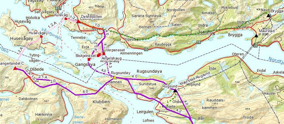 landføring ved Angelshaug, men dette er teke ut av søknaden grunna konflikt med busetnad/fritidsbustader. SFE utalar at dei 2 alternativa er likeverdige.