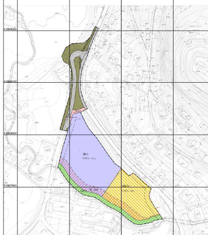 Figur 2: Planområdet er avgrensa av Hatledalselva i sør. Det er planlagd to forretningsbygg på det lilla skraverte området.