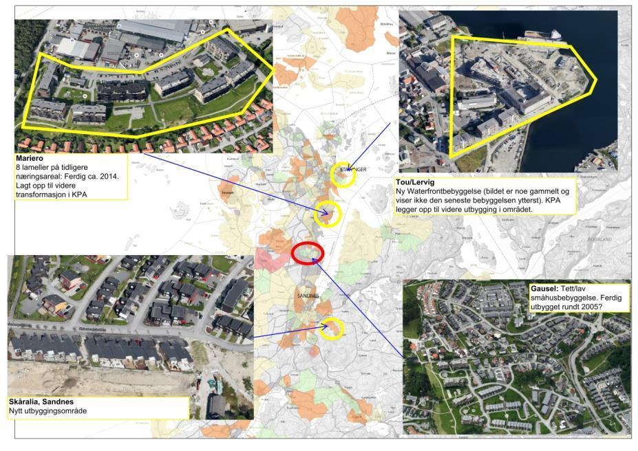 Oransje områder er grunnkretser der veksten har vært på 100-500 personer flere enn prognostisert.