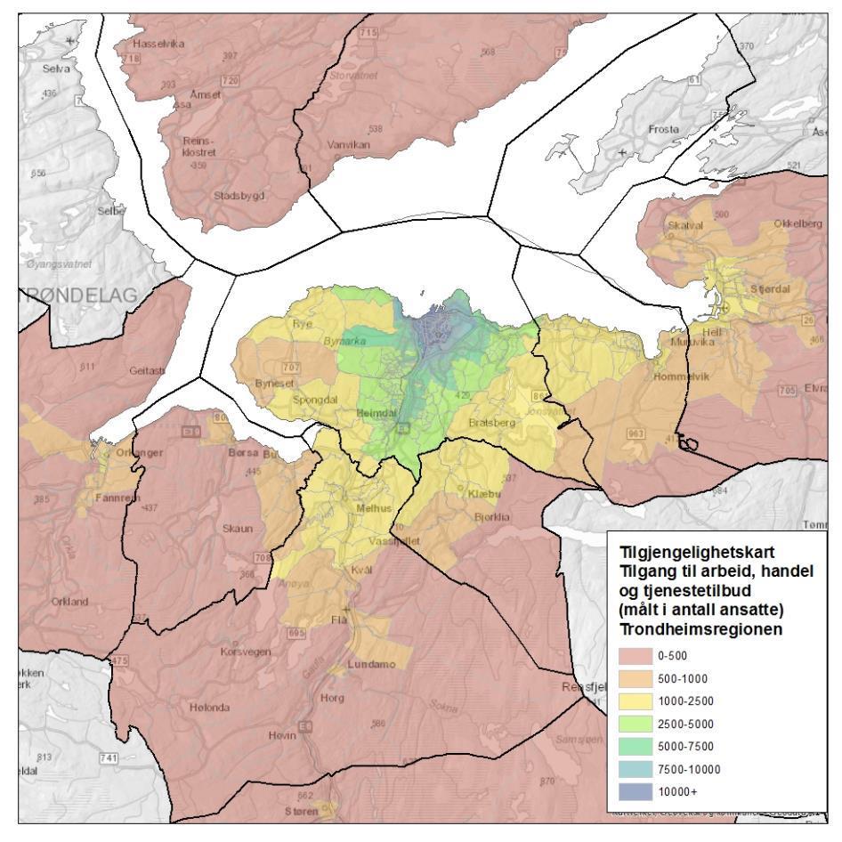 5.2 Trondheim Tilgjengelighetskartet for Trondheim viser at Trondheim utgjør sentrum for regionen, og at tilgjengeligheten er størst i triangelet; Trondheim sentrum, Heimdal og Ranheim.