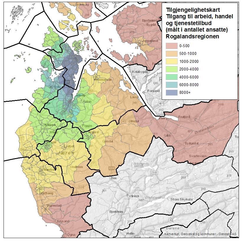 5.3 Rogaland Tilgjengelighetskartet for Nord Jæren-kommunene viser at tilgjengeligheten er desidert størst i aksen Stavanger sentrum Forus, og berører deler av Sola og Sandnes kommune.