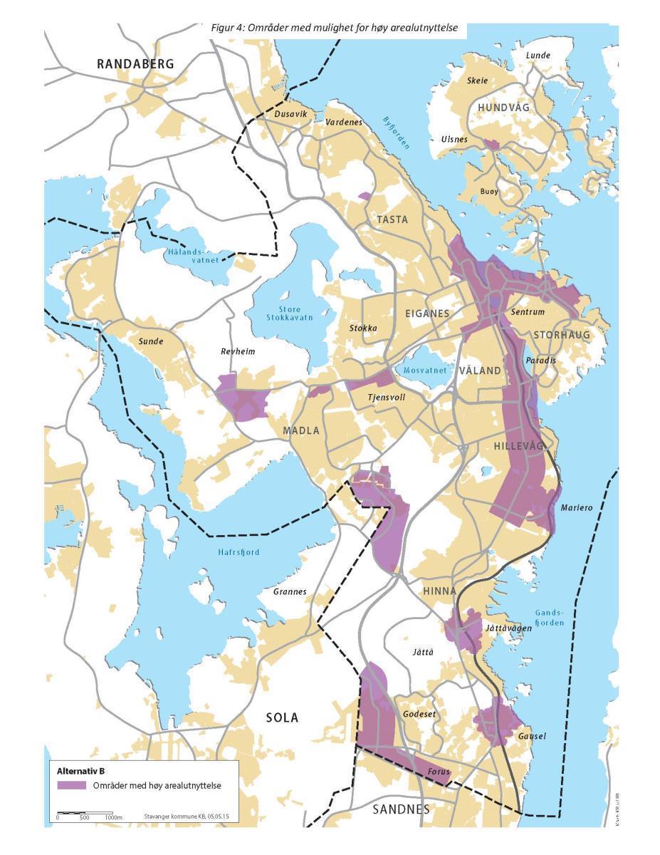 Figur 13: Områder med mulighet for høy arealutnyttelse Stavanger Kartet over viser områder hvor nye utbyggingsprosjekter tillates med en høy arealutnyttelse i hh. til Tabell 2.