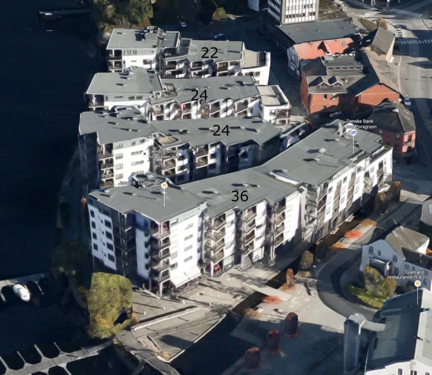 Figur 27: Bratsberg brygge Porsgrunn. 11 boenheter per daa + næring i 1. etg. Antall enheter plassert over hvert bygg. Bratsberg Brygge i Porsgrunn er et bynært område med høy arealutnyttelse.