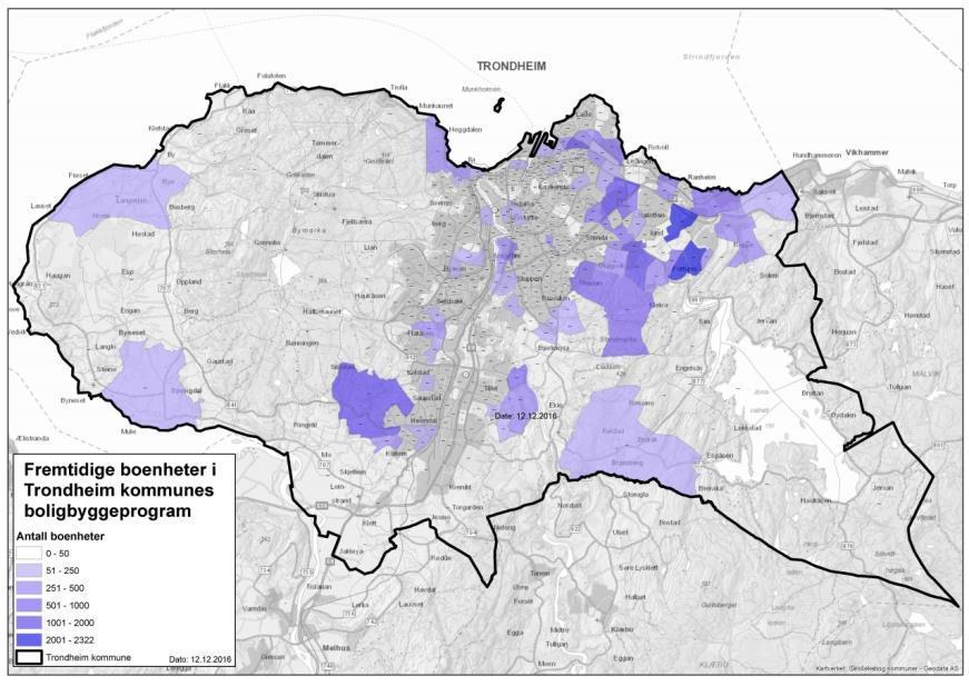 Figur 28: Fremtidige boenheter i Trondheim kommunes boligbyggeprogram fordelt på grunnkrets. Figur 29: Fremtidige boenheter i henhold til sikkerhet for gjennomføring. Fordelt på grunnkrets.
