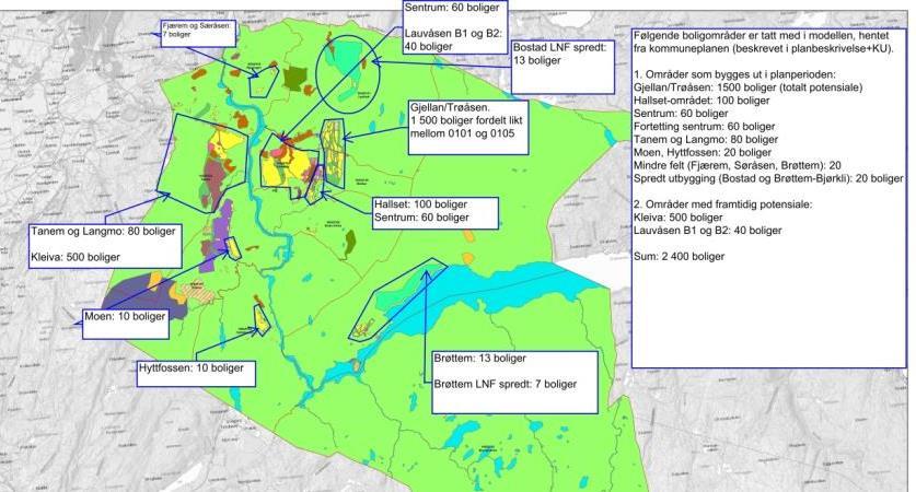 0109 Brøttem og LNF spredt Kommuneplanperioden 20 0108 Hyttfossen Kommuneplanperioden 10 0107 Moen Kommuneplanperioden 10 Boligfeltet Gjellan/Trøåsen er fordelt med like mange boliger på to