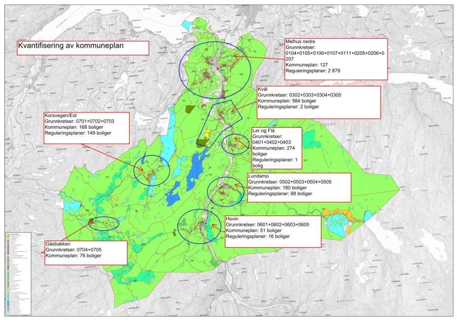 Det er i programmet antatt et totalt potensial på mellom 2700 og 5600 boliger, avhengig av hvor tett enkelte områder bygges ut.