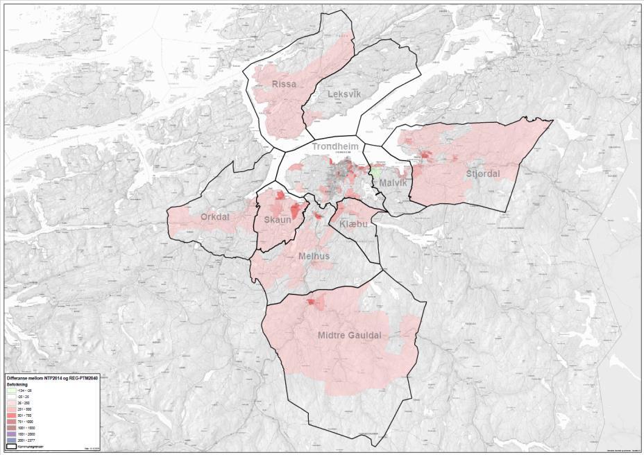 7.2 Trondheimsregionen Tabell 22: Befolkning Trondheimsregionen Kommunenummer NTP2014 NTP2040 PTM2040 Regional Vekst NTP Vekst PTM Regional Differanse PTM-NTP 1601 - Trondheim 182063 220206 226127