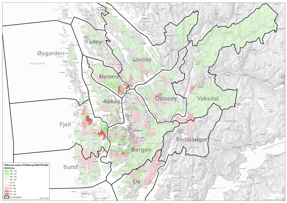 Figur 50: Bergensregionen: Kommunevis omfordeling: Differanse PTM vs.