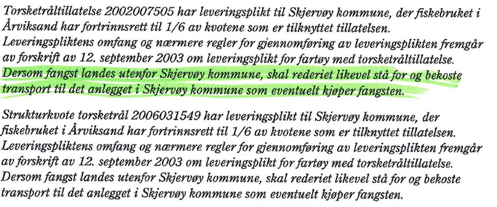 Avtalen med Nergård Nergård har gjennom torsketråltillatelsen til kombitråleren «Kågtind» leveringsplikt til Skjervøy kommune.