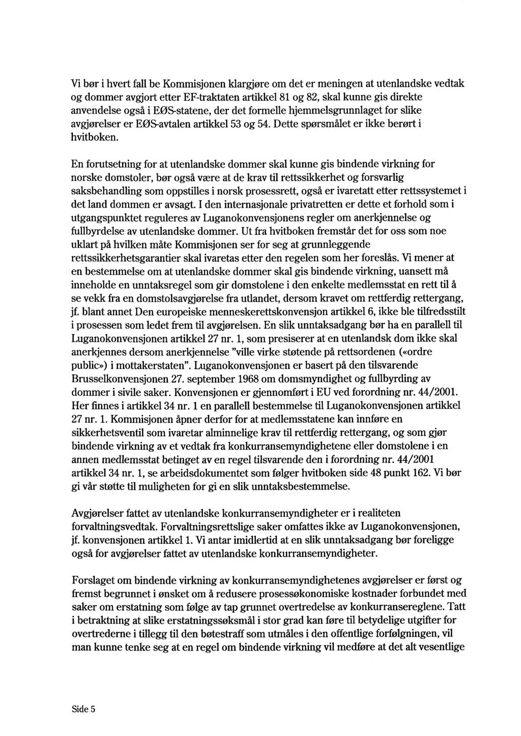 Vi bør i hvert fall be Kommisjonen klargjøre om det er meningen at utenlandske vedtak og dommer avgjort etter EF-traktaten artikkel 81 og 82, skal kunne gis direkte anvendelse også i EØS-statene, der