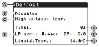 Defrost Display Index Display parameter Viser hvilken krets det vises data for D E F G Viser status defrost Disabled: vfrost er deaktivert ypass: ypass ved kompressorstart Decreasing calculation: