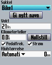 Bruk tommelspaken til å endre feltverdiene. Slik angir du sykkelprofilen: Trykk på menu > velg Innstillinger > Profil og soner > Sykkelprofil.
