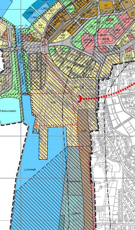 Utsnitt av plankart (Sentrumsplanen) med hensynssone H810, krav til felles planlegging på Sjøsiden.