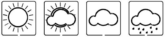 VÆRVARSEL OG VÆRTENDENS Værvarselsymboler Det er fire væresymboler i den fjerde seksjonen av LCD displayet som kan vises i følgende kombinasjoner: Sol Delvis skyet Overskyet Regn For enhver plutselig