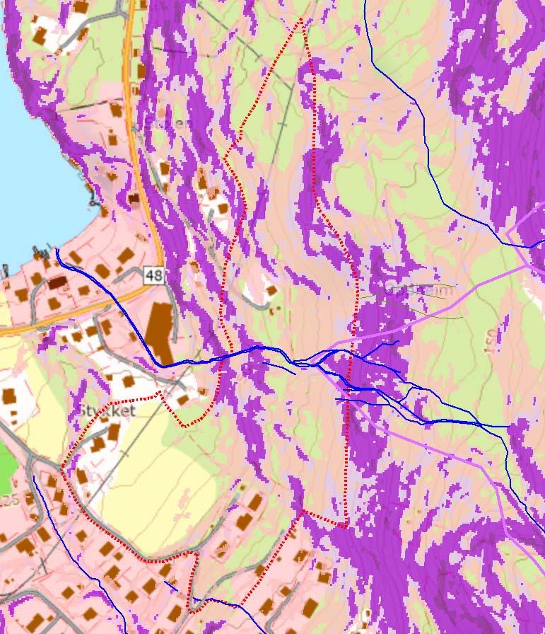 Side: 6 Figur 2: Planområdet indikert med rød stiplet, helningskart og bekkeløp. 2 Befaringer og områdebeskrivelse NGI ved Øyvind Høydal befarte området 26-27. august.