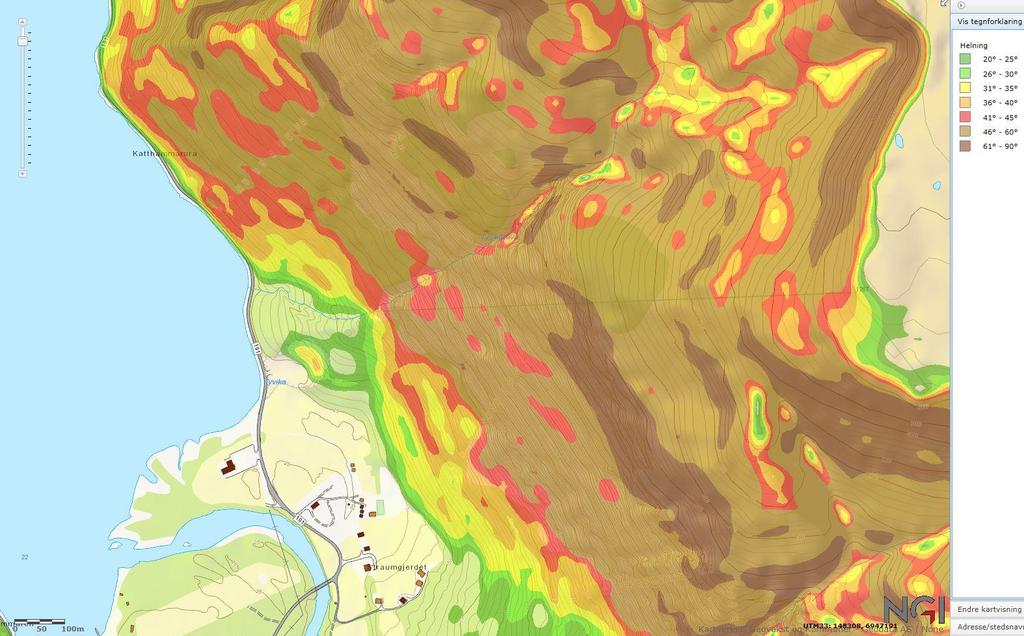 Figur 6 Bratthetskart Helningsgradienter viser mellom 46 0 60 0 fall mot SV i øvre del av fjellsiden.