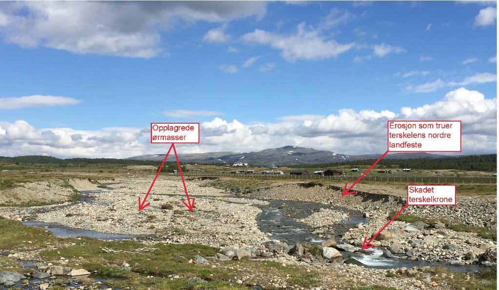 Like oppstrøms terskelen har opplagrede ørmasser ført til betydelig erosjon på nordre elvebredd, jf. Figur 6.
