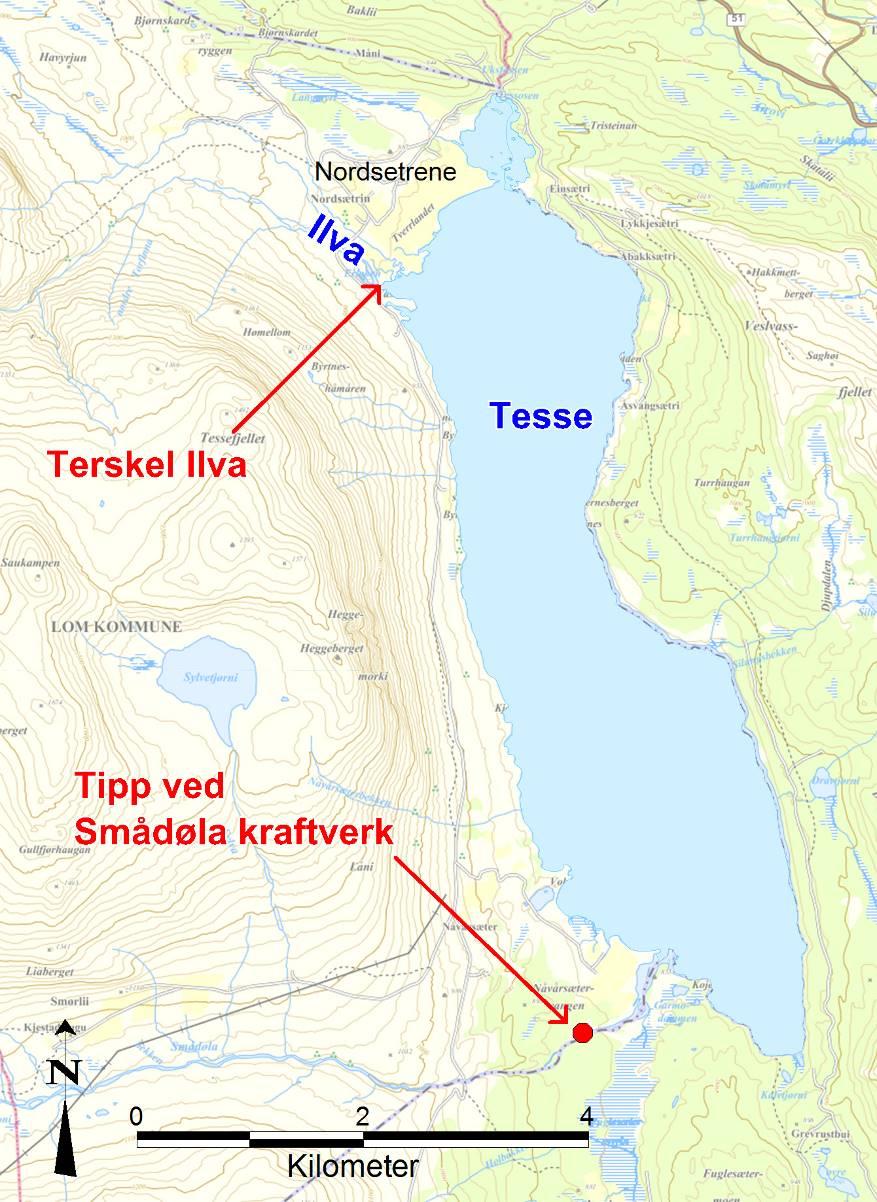 Figur 1. Lokalisering av terskel Ilva ved Tesse og tunnelsteintipp fra utbygging av Smådøla kraftverk. 3.