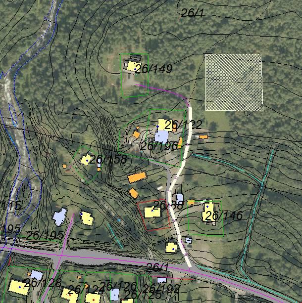 2 av 7 Søknaden Fig 2 Situasjonskart eiendomsendringer, ortofoto Fig 2 viser hvitskravert ca lokalisering, areal og arealfigur av omsøkte eiendomsendring for nyetablering og matrikulering av nytt