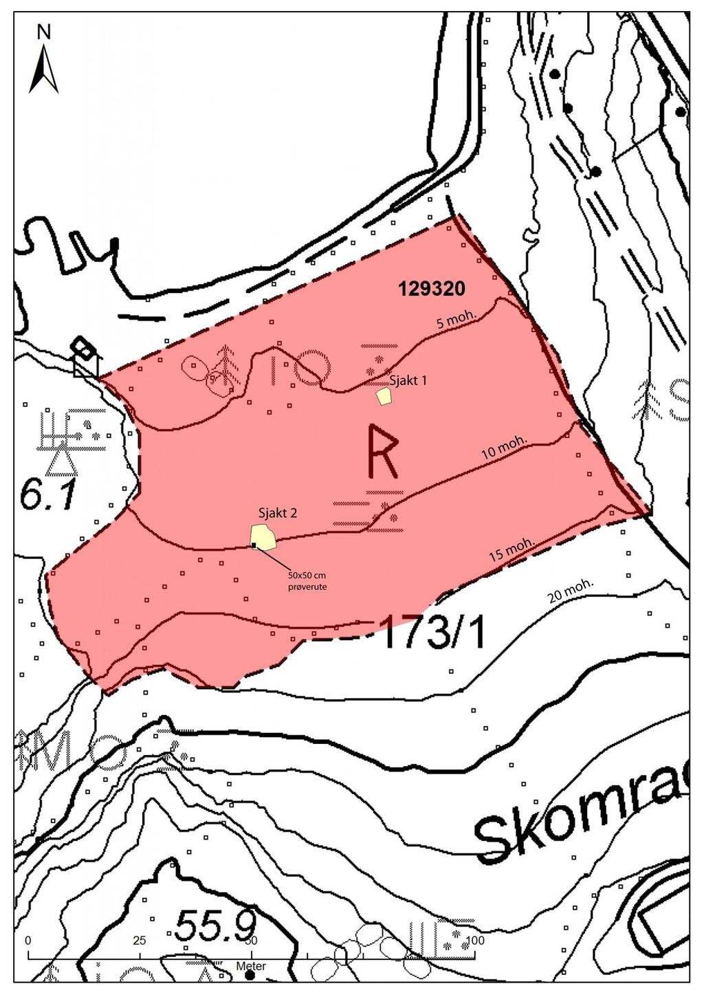 Figur 3: Kart med den undersøkte lokaliteten ID 129320. Illustrasjon: Magne Samdal. 4.3. Kildekritiske forhold På grunn av kraftig regn den 26.