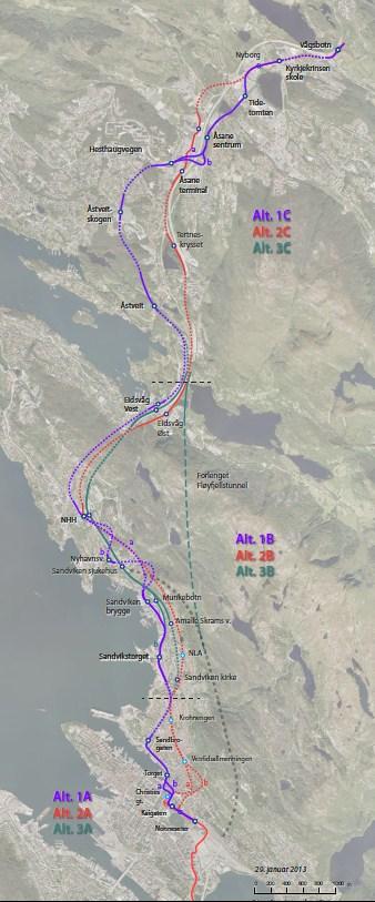 Alternativ 1Ca går via Åstveit, sør for Åsane senter til C-tomten, i dagen videre til Nyborg og kort tunnel til Vågsbotn. Alternativet legger stor vekt på å betjene framtidig byutvikling.