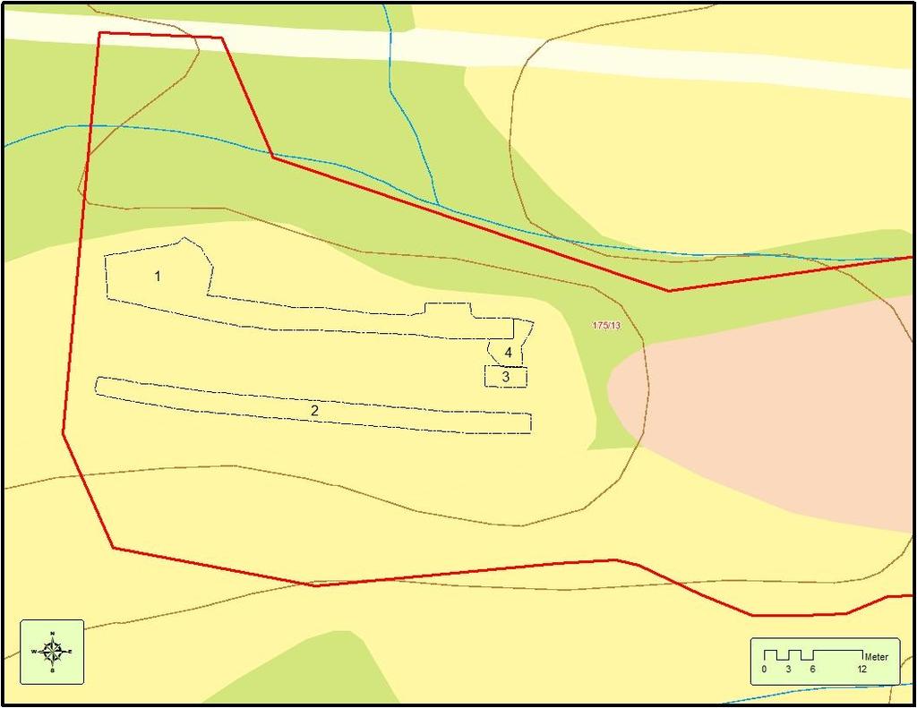 6.2. Sjakter Det blei totalt åpna 4 sjakter med maskin innafor planområdet. Dei to fyrste blei åpna på langs med ryggen ovanfor kyrkjegarden, og med om lag 10 meters mellomrom.