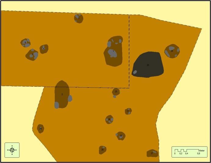 Figur 27. Oversikt over strukturar, sjakt 4 Lengde: 5,5 m Bredde: 4 m Dybde: 20-50 cm Retning: N-S (utv. av sjakt 1 og 3, jf str. nr) Lag Nr.