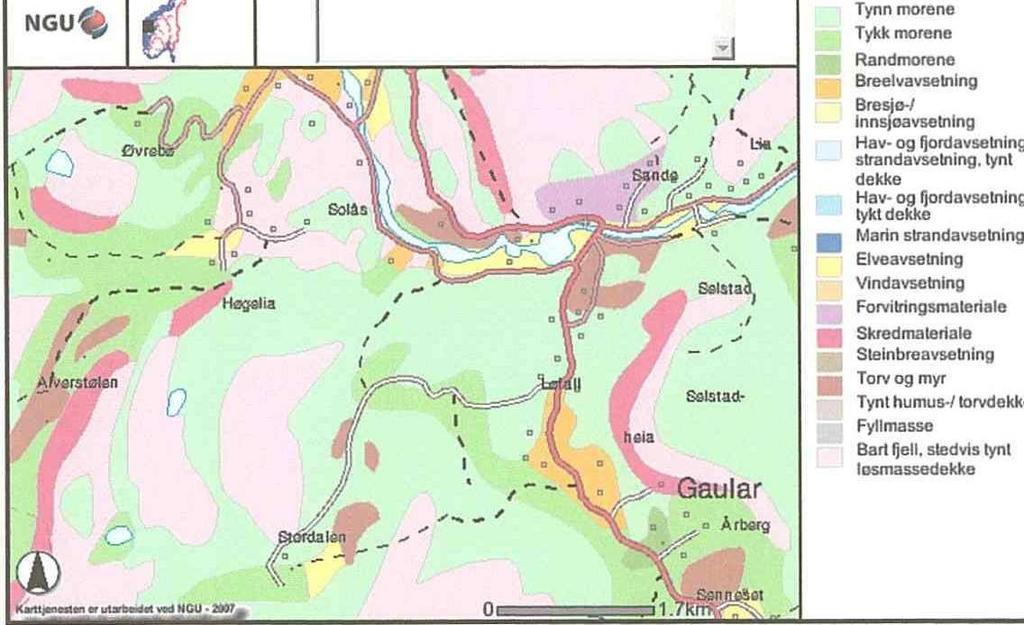 Kartet viser berggrunnen ved Sande og Stordalselva. Heile området høyrer til det såkalla basalgneiskomplekset, dvs. kaledonsk omdana, for det meste prekaledonske bergartar.