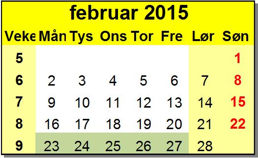 januar 2015 februar 2015 mars 2015 Veke MånTys Ons Tor Fre Lør Søn VekeMånTys Ons Tor Fre Lør Søn VekeMånTys