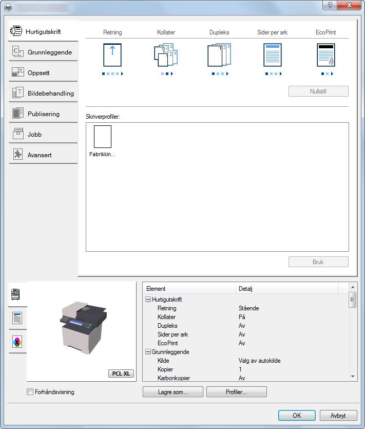 Utskrift fra PC > Skjerm for skriverdriverens utskriftsinnstillinger Skjerm for skriverdriverens utskriftsinnstillinger Skjermbildet for skriverdriverens utskriftsinnstillinger lar deg konfigurere en