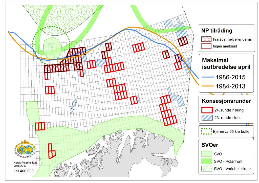 Foreslåtte blokker og nærhet til iskantsonen og Særlig Verdifulle områder (SVOer) Flere av de foreslåtte blokkene er i berøring med etablerte SVOer, samt med grensen for maksimal isutbredelse (0 %