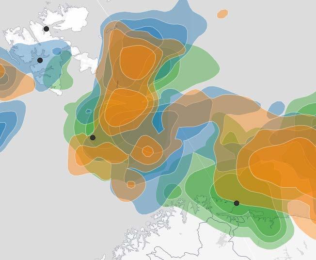 Utbredelsen er angitt i form av 25, 50 og 75 % kernel-tetthet, og er basert på posisjoner fra ca.