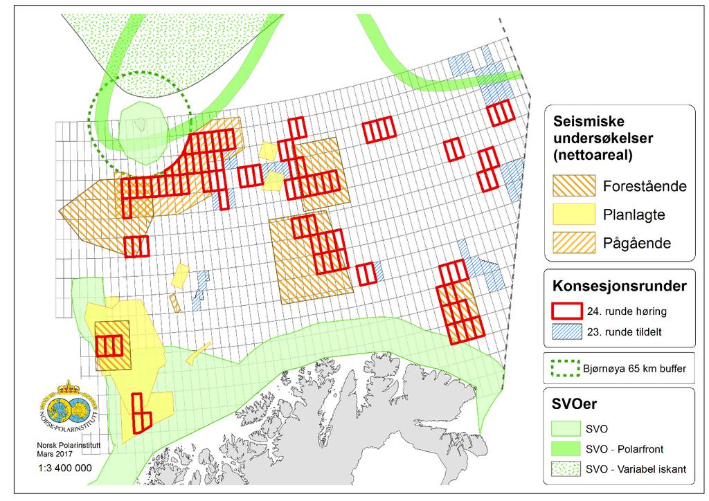 Ny kunnskap om effekter av seismikk og annen menneskeskapt støy Pågående og planlagte seismiske undersøkelser vises nedenfor i figur 5.