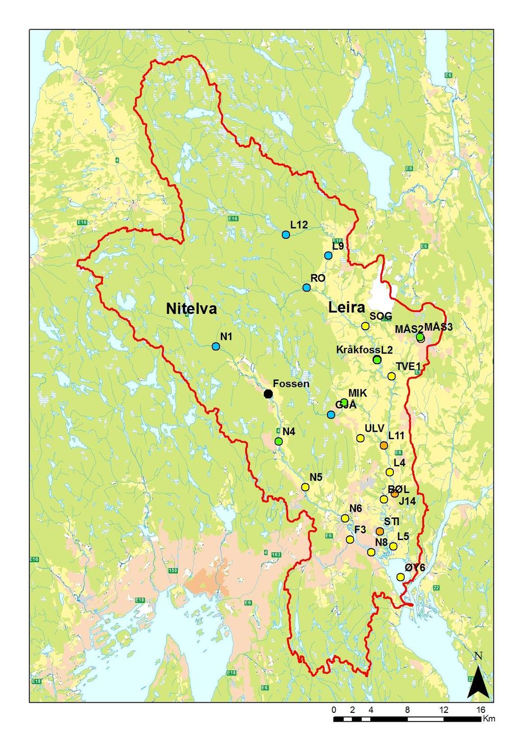 -2 3.3 Klassifisering, trender og statistikk Figur 4 Tilstandsklasser for prøvelokalitetene i Leira og Nitelva basert