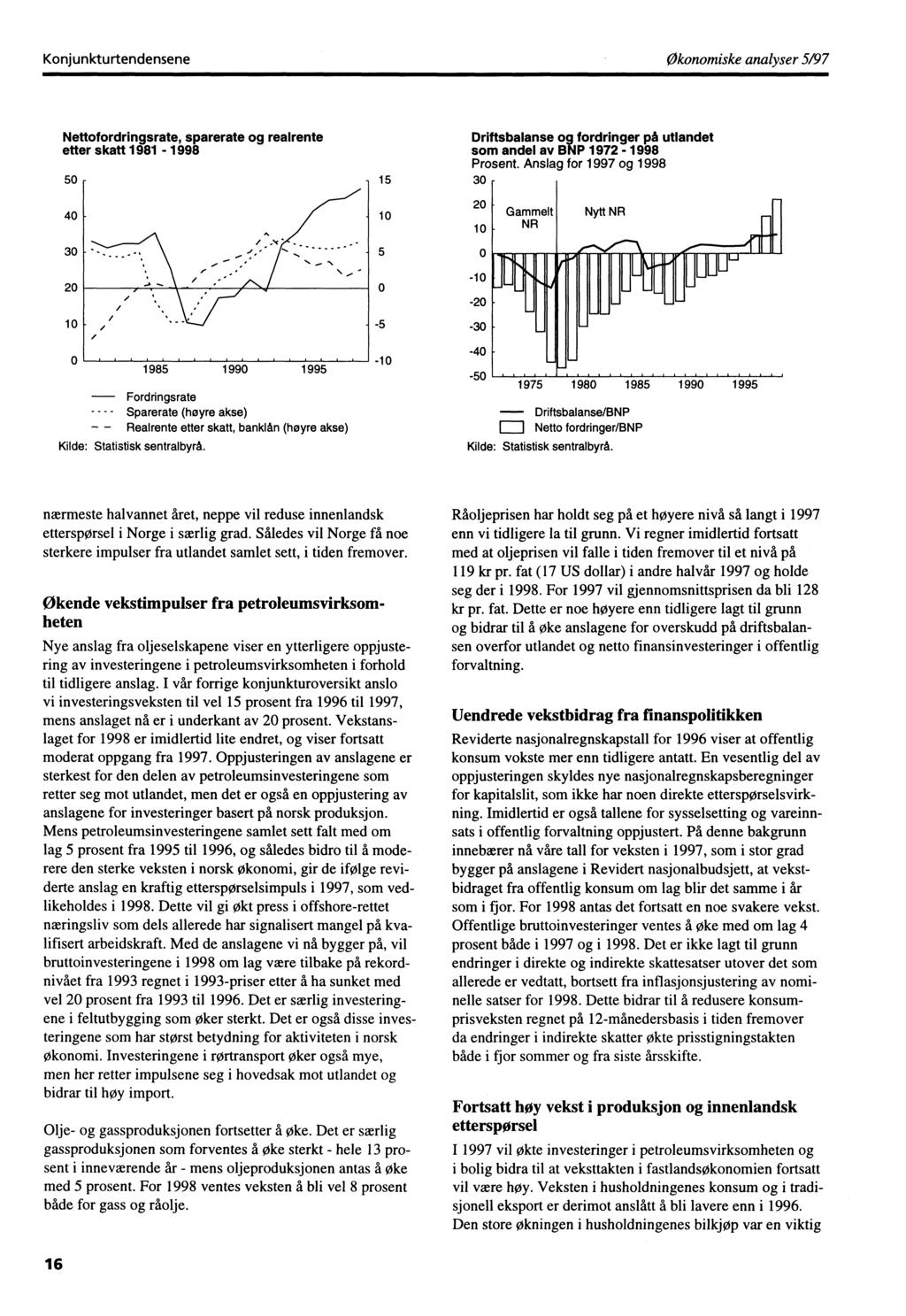 Konjunicturtendensene Økonomiske analyser 5/97 Nettofordringsrate, sparerate og realrente etter skatt 1981-1998 Driftsbalanse og fordringer ph utlandet som andel av BNP 1972-1998 Prosent.