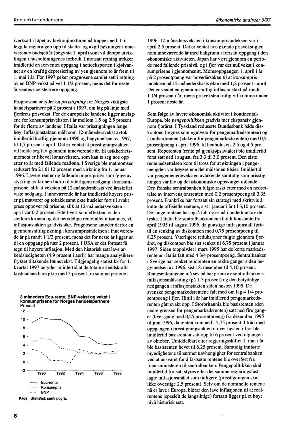 Konjunkturtendensene Økonomiske analyser 5/97 iverksatt i løpet av lavkonjunkturen nå trappes ned. I tillegg la regjeringen opp til skatte- og avgiftsøkninger i inneværende budsjettår (begynte 1.