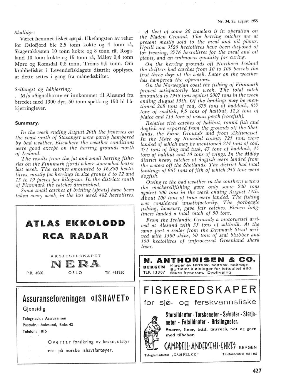 Nr. 3, 25. august 1955 Skadyr: Været hemmet fisket søtpå.