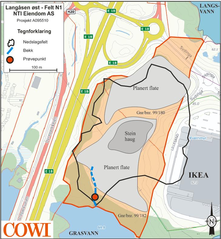 NTI EIENDOM AS 3/16 Figur 1: Kartet viser de to aktuelle tomtene gnr/bnr 99/182 og 99/180 i Kristiansand kommune. Langåsen øst ligger mellom IKEA og E18.