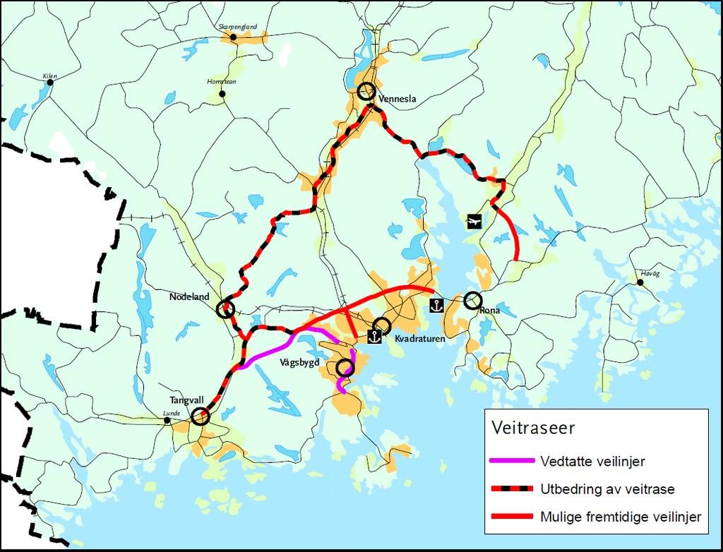 Figur 5-1. Kartutsnittet viser strategien i kommunikasjonsutviklingen i Kristiansandsområdet.