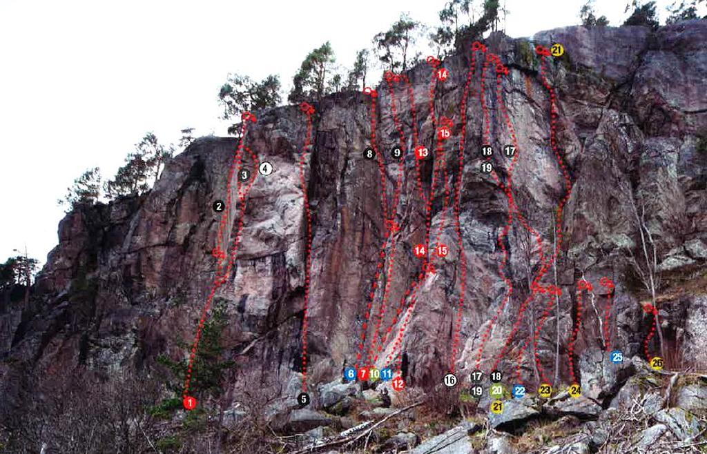 Figur 6-4 viser klatrerutene i Tango wall (kilde: Søgne og Kristiansand klatreklubb) Fidjan/Hellersdalen er en viktig passasje inn til friområdet nord for ny E39.
