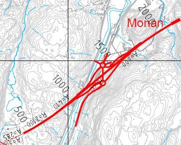 Figur 7-14 viser delstrekning 1 Volleberg Monan (Kilde: Sweco) 7.5.1.1 Volleberg boligområde Ny E39 fra Kristiansand vest til Mandal øst planlegges i nærheten av Volleberg boligområde.