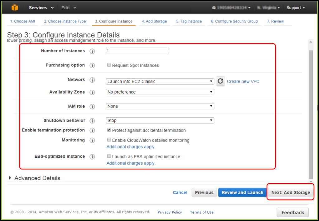 C Installer McAfee epo på en AWS-server Opprett AWS-serveren 6 Klikk på Neste: Konfigurer forekomstdetaljer for å åpne Trinn 3: Konfigurer forekomstdetaljer.