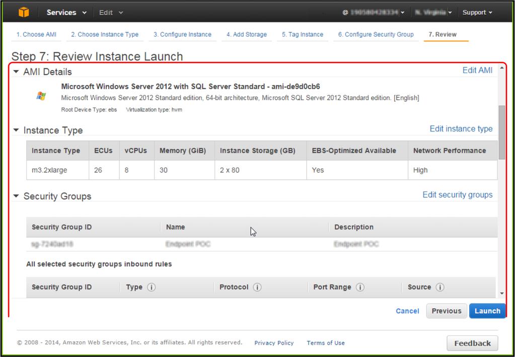 C Installer McAfee epo på en AWS-server Opprett AWS-serveren 13 Klikk på Se gjennom og start for å åpne Trinn 7: Se gjennom forekomststart.