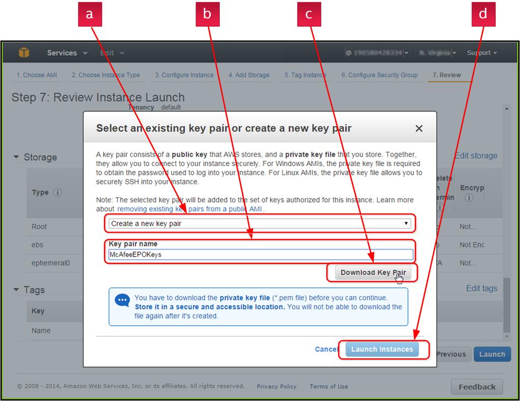 Installer McAfee epo på en AWS-server Opprett AWS-serveren C 15 Opprett et sikkerhetsnøkkelpar med disse innstillingene for å generere et kryptert passord når du logger på denne AWS-serveren for