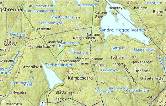 Figur 1. Kart over Aurevannsystemet fra Søndre Heggelivann til Aurevann.